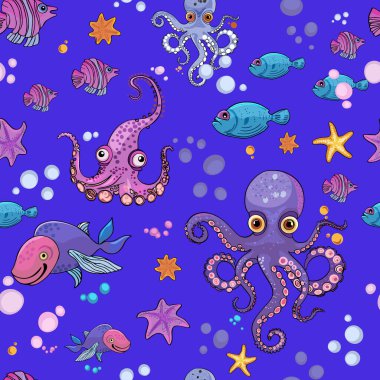 Deniz düzeni. Balık, çapa, ahtapot, köpekbalığı, balina. Dekoratif deniz elementleriyle kusursuz bir desen. Eski arkaplan