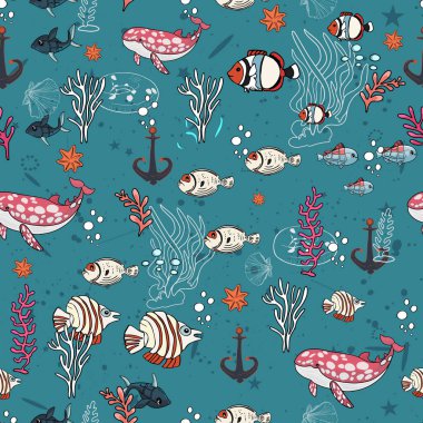 Deniz düzeni. Balık, çapa, ahtapot, köpekbalığı, balina. Dekoratif deniz elementleriyle kusursuz bir desen. Eski arkaplan