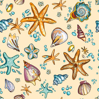 Deniz düzeni. Balık, çapa, ahtapot, köpekbalığı, balina. Dekoratif deniz elementleriyle kusursuz bir desen. Eski arkaplan