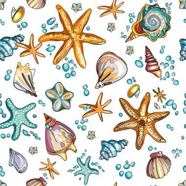 Deniz düzeni. Balık, çapa, ahtapot, köpekbalığı, balina. Dekoratif deniz elementleriyle kusursuz bir desen. Eski arkaplan