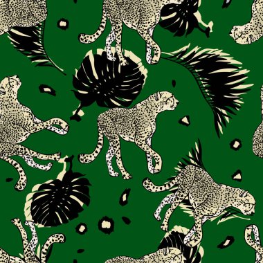 Tropikal yapraklar ve kusursuz çita çizimleri. Leopar ve orman. Modaya uygun kaplan deseni. Paket kağıdı için yazdır. tekstil, tasarımcılar için hazırlık