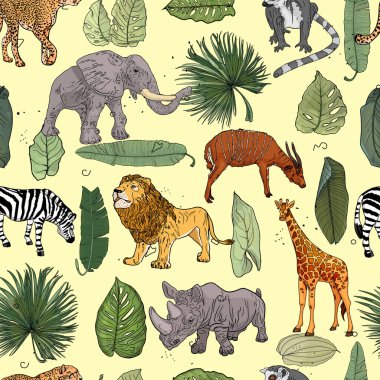 Afrika hayvanlarının kalıpları. Aslan, çita, fil, zürafa, antilop, gergedan, zebra, lemur. Palmiye ve muz yaprakları. Yazdırma, kart, kıyafet, simge, logo için