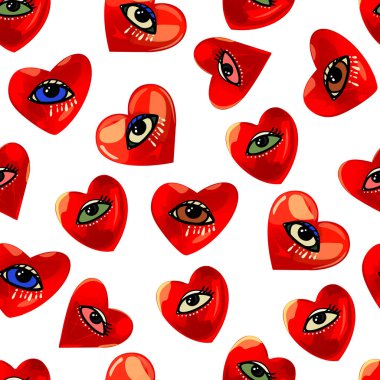 Göz desenli kalp. Sevgililer günü. Kırmızı aşk kalbi kusursuz desen çizimi