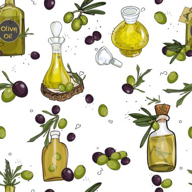 Zeytinyağı, sirke, yağlar. Parlak zeytin retro deseni. Parmak izleri, tişörtler, logolar, spor kıyafetleri, ambalaj kağıtları.
