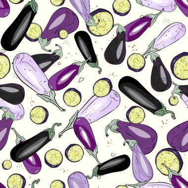 Patlıcan, sebze deseni. Parlak geçmişe dönük desen. Parmak izleri, tişörtler, logolar, spor kıyafetleri, ambalaj kağıtları.