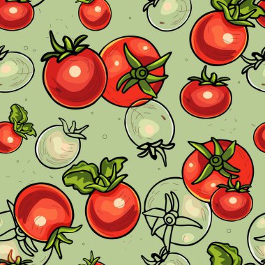 Domatesler pürüzsüz desen. Tekstil, dekor, web sitesi üzerine baskı. - Evet. Sağlıklı gıda, organik, sebze ve otlarla vejetaryen konsepti. Vektör illüstrasyonu