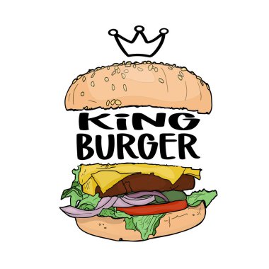 Üzerinde yazı olan bir hamburgerin vektör çizimi. Hamburger zamanı. Kral Burger. Parmak izi, kurusıkı elbise, tişört ve ambalaj kağıdı bastırmak için. Duvar Kağıdı