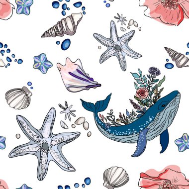 Deniz düzeni. Balık, çapa, ahtapot, köpekbalığı, balina. Dekoratif deniz elementleriyle kusursuz bir desen. Eski arkaplan