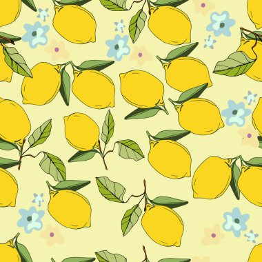 Limon deseni, renkli arka planda limon çiçekleri. Limonlu şube. Güzel, kusursuz yaz tatili Kusursuz desen