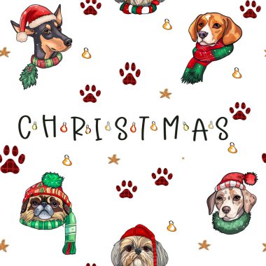 Noel ağacı oyuncakları ve kırmızı Noel süsüyle Noel köpeği.