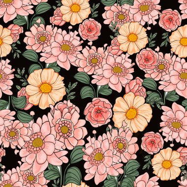 Vektör çiçek deseni. Renkli arka planda çiçekler. Kağıda, kartpostala, bebek kıyafetlerine, yatağa baskı yapmak için soyutlama deseni