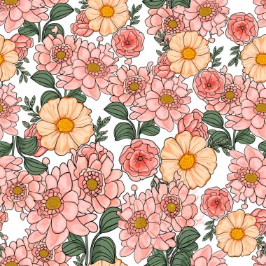Vektör çiçek deseni. Renkli arka planda çiçekler. Kağıda, kartpostala, bebek kıyafetlerine, yatağa baskı yapmak için soyutlama deseni