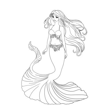 Denizkızı elle çizilmiş vektör. Beyaz arka planda izole edilmiş şirin bir denizkızı. Davetiye için bir öge, baskı için bir mühür, tasarımcılar için bir boşluk