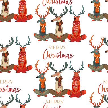 Noel ağacı oyuncakları ve kırmızı Noel süsüyle Noel geyiği. Geyik yoga yapıyor.