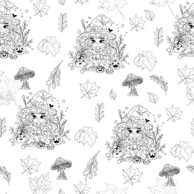 Desen çizgisi cadısı ve ağ. Cadılar Bayramı. Cadı şapkalı anime kız. Cadılar Bayramı partisi. Fener Jack o 'Lantern