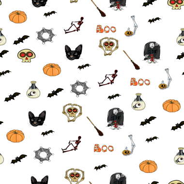 Cadılar Bayramı parti modelinin vektör çizimi. Uçan ağları, kedileri ve cadı süpürgesi olan bir cüce. Cadılar Bayramı kusursuz illüstrasyon. Baskı, tekstil, giysi, ambalaj kağıdı için sevimli bir arkaplan