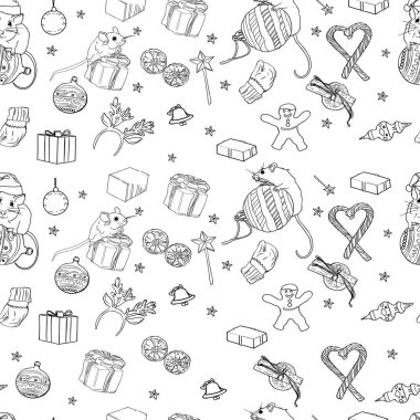 Geometrik motifli basit, pürüzsüz bir Noel deseni. Geyik, yazıtlar, cüceler, kar taneleri. Eski moda tekstil koleksiyonu, minimalizm. Beyaz bir arkaplanda gezinme