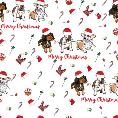 Güzel el çizimleri ve geometrik şekilli kusursuz desenler. Vektör köpek illüstrasyonu yeni yıl modeli. Şampanya, kış eldivenleri, yeni yıl oyuncakları, kulaklar, hediye, basım için yeni yıl çanı.