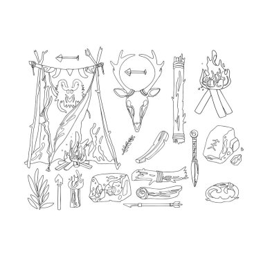 Antik Kurtuluş Gear: Bir adamın ilkel silahlarının bir kaya sopası, bir mızrak, ateş meşalesi, çekiç, balta, kafatası ve diş boncuklarının süsleri de dahil olmak üzere tasviri.