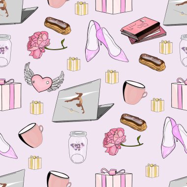 Moda tasarımı modeli. Pembe ayakkabılar, kızım, kalp, tatlı. Sembollerle kusursuz bir desen. Eyfel Kulesi, kahve, lavanta, aşk, parmak izi Paris