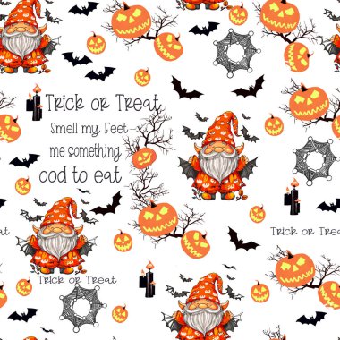 Cadılar Bayramı parti modelinin vektör çizimi. Uçan ağlı cüce, anime cadıları, kediler, cadı süpürgesi. Cadılar Bayramı kusursuz illüstrasyon. Baskı, tekstil, giysi, ambalaj kağıdı için sevimli bir arkaplan