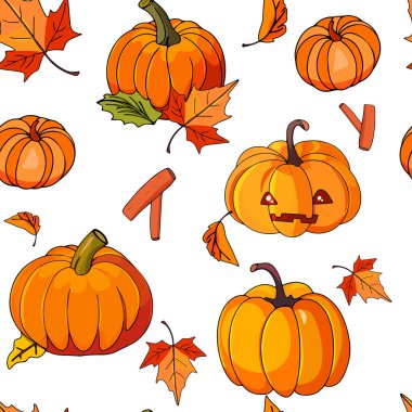 Şablon. Mutlu Şükran Günleri Ekim Cadılar Bayramı balkabakları. Turuncu vektör pürüzsüz desen.