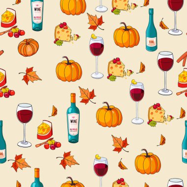 Sonbahar öznitelikli arka plan: yapraklar, bitkiler, yemek, balkabağı ve şarap, kek, pasta. Şükran Günü. Dekoratif kullanım için ideal