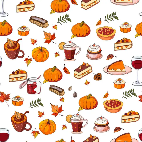 stock vector Background with autumn attributes: leaves, plants, food, pumpkins and an image of wine, cupcakes, cake. Thanksgiving day. Ideal for decorative use