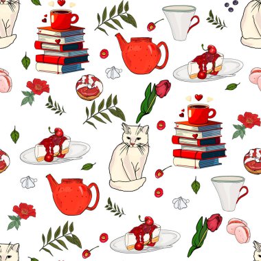 Tatlıların vektör deseni. Sıcak içecek, çörekler. Kekler, kekler. Çikolata deseni: tatlı, pasta, çörek, kurabiye, sıcak çikolata bardağı ve çikolata kaplı çilek..