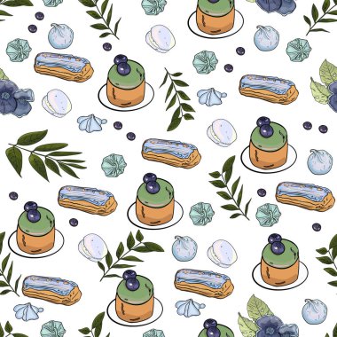 Tatlıların vektör deseni. Sıcak içecek, çörekler. Kekler, kekler. Çikolata deseni: tatlı, pasta, çörek, kurabiye, sıcak çikolata bardağı ve çikolata kaplı çilek..