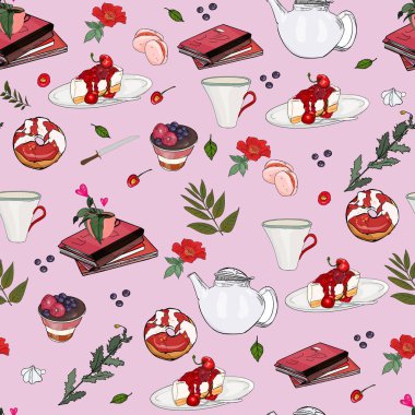 Tatlıların vektör deseni. Sıcak içecek, çörekler. Kekler, kekler. Çikolata deseni: tatlı, pasta, çörek, kurabiye, sıcak çikolata bardağı ve çikolata kaplı çilek..