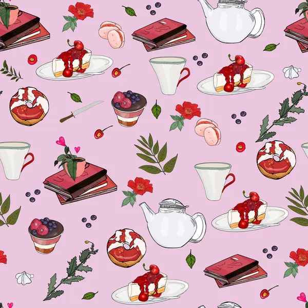 Tatlıların vektör deseni. Sıcak içecek, çörekler. Kekler, kekler. Çikolata deseni: tatlı, pasta, çörek, kurabiye, sıcak çikolata bardağı ve çikolata kaplı çilek..