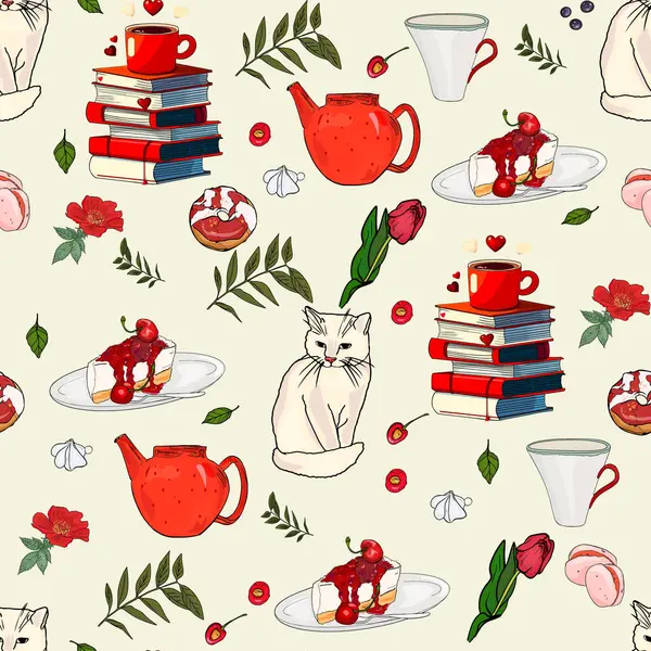 Tatlıların vektör deseni. Sıcak içecek, çörekler. Kekler, kekler. Çikolata deseni: tatlı, pasta, çörek, kurabiye, sıcak çikolata bardağı ve çikolata kaplı çilek..