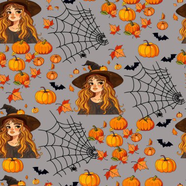 Cadılar Bayramı anime cadısı, balkabağı, sonbahar deseni. Cadılar Bayramı partisi. Beyaz saçlı, el yapımı eski anime kız. Vektör illüstrasyonu