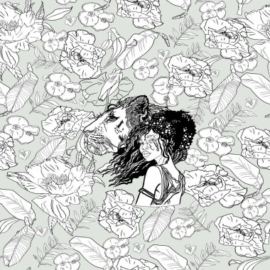 Stres önleyici boya sayfası. Uzun kıvırcık saçlı ve tropikal çiçekli gururlu vahşi aslanlı güzel etnik Afrikalı kız. Beyazda izole edilmiş. Parmak izi, giysi, logo, çocuk boyası için