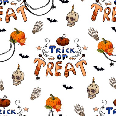 Kusursuz Cadılar Bayramı şablonu. Cadılar Bayramı kutlaması. Siyah balkabağı, yarasalar, hayaletler ve balkabakları. Vektör karikatürü.