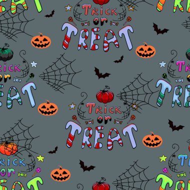 Kusursuz Cadılar Bayramı şablonu. Cadılar Bayramı kutlaması. Siyah balkabağı, yarasalar, hayaletler ve balkabakları. Vektör karikatürü.