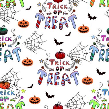 Kusursuz Cadılar Bayramı şablonu. Cadılar Bayramı kutlaması. Siyah balkabağı, yarasalar, hayaletler ve balkabakları. Vektör karikatürü.