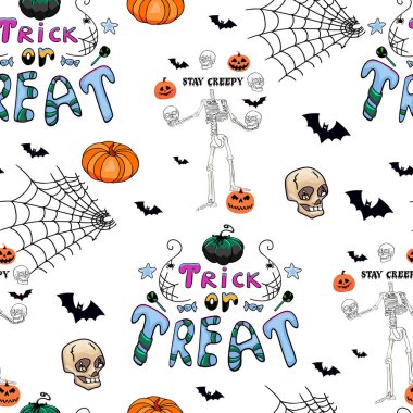 Kusursuz Cadılar Bayramı şablonu. Cadılar Bayramı kutlaması. Siyah balkabağı, yarasalar, hayaletler ve balkabakları. Vektör karikatürü.