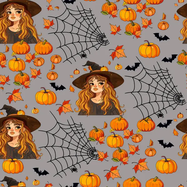 Cadılar Bayramı anime cadısı, balkabağı, sonbahar deseni. Cadılar Bayramı partisi. Beyaz saçlı, el yapımı eski anime kız. Vektör illüstrasyonu