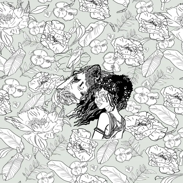 stock vector Antistress coloring page. Beautiful young ethnic African girl with long curly dark hair and proud wild lion in tropical blooming plants. Isolated on white. For print, clothes, logo, child coloring