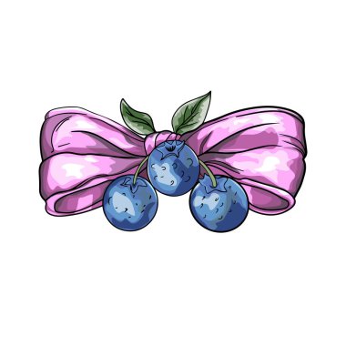 Çizgi film tarzında yay ve yaban mersini. Pembe yay ve böğürtlen. Funk tarzında vektör illüstrasyonu. Tatlı coquette illüstrasyonu