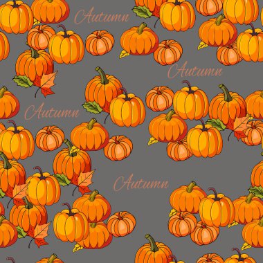 A vibrant seamless pattern featuring orange pumpkins with autumn leaves and the word Autumn clipart