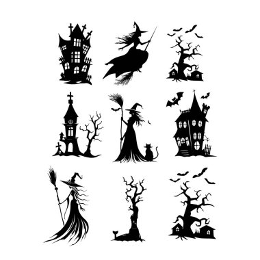 Spooky haunted house silhouettes for Halloween designs. A set of black haunted house silhouettes, including spooky trees and flying bats. Halloween clipart