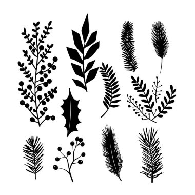 Holly, kozalak ve böğürtlen de dahil olmak üzere kış yaprakları siluetleri. Holly 'nin sunduğu kış yeşilliklerinin detaylı bir koleksiyonu