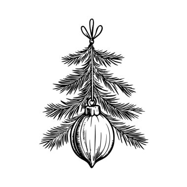 Siyah ve beyazla çizilmiş bir çam dalında Noel süsü. Çam dalına asılmış Noel süslemesinin el çizimi. Tatil tasarımları, kartlar ve dekorasyon için mükemmel.