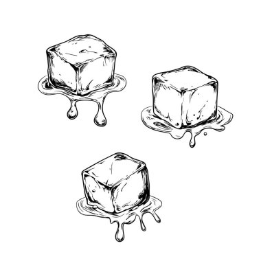 Siyah beyaz çizim içinde su damlaları olan buz küpleri eritiyor. Eriyen ve damlayan üç buz küpü detaylı siyah-beyaz bir şekilde resmedilir.