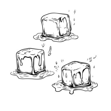 Siyah beyaz çizim içinde su damlaları olan buz küpleri eritiyor. Eriyen ve damlayan üç buz küpü detaylı siyah-beyaz bir şekilde resmedilir.