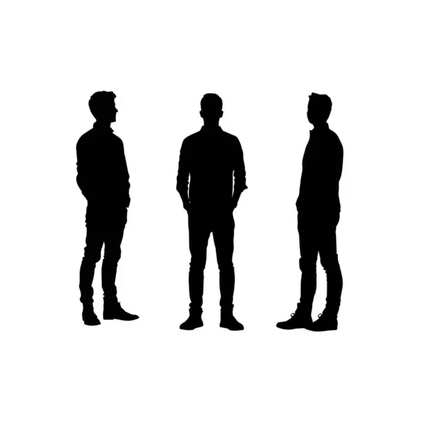 stock vector Silhouette of three standing men from different angles. Black silhouette illustration showing three men in different standing positions, facing various directions