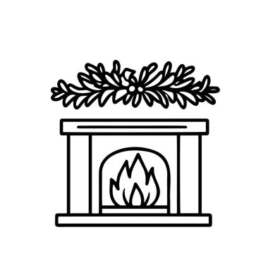 El yapımı Holiday Elementleri: şömine, çorap ve Bell. Noel sezonunu sembolize eden bir şömine, çorap ve çanın detaylı siyah-beyaz çizimi.